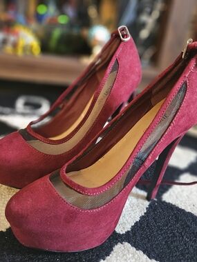 JustFab Wine Red Suede Platform Stiletto Pumps with Mesh Inset
